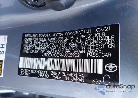2021 Toyota Corolla Hybrid Le из США, поврежденный, VIN JTDEAMDE9MJ025902